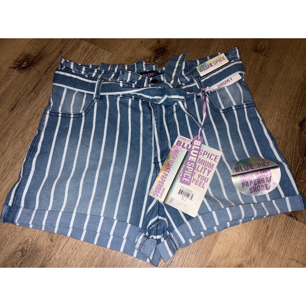 Blue Spice Striped‎ Paperbag High Waist Denim Shorts with Tie Belt Size 11